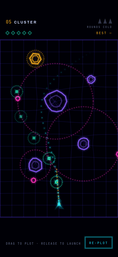 Aiming: the ship at the bottom of the field with a dotted preview arc curving up past a planet