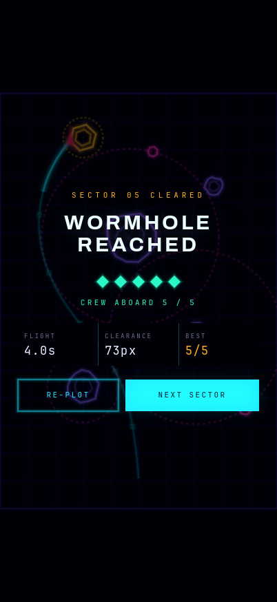 Sector cleared: wormhole reached with all five crew aboard