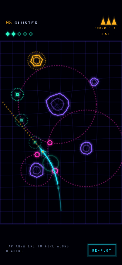 Mid-flight: the ship trailing a bright cyan arc bent around wireframe planets