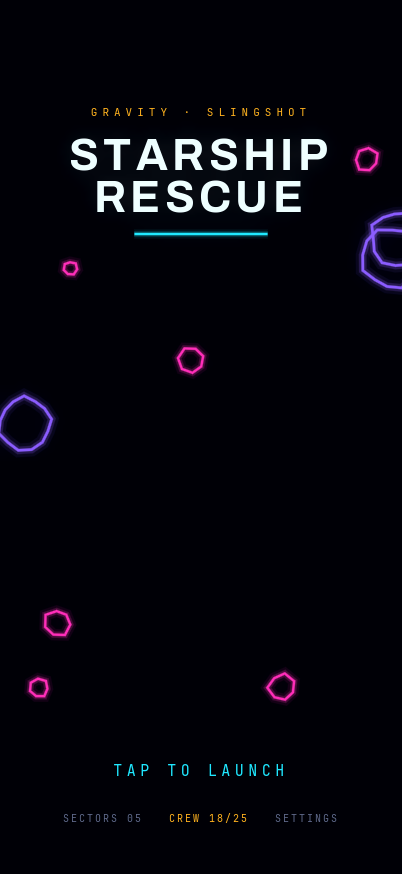 Title screen: wireframe asteroids drifting behind the Starship Rescue logo